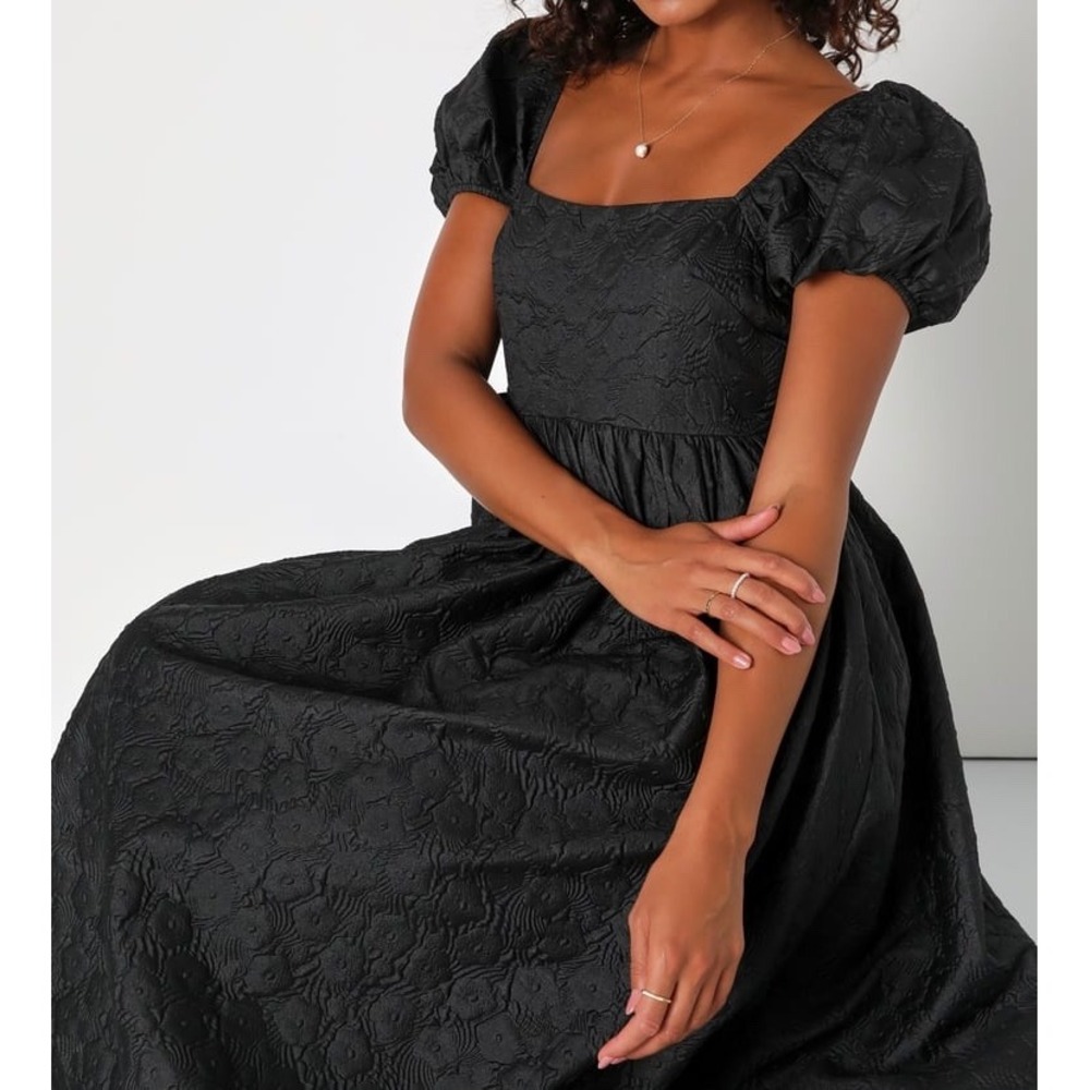 NWT Lulus Adorable Mood Black Floral Jacquard Puff Sleeve Babydoll Dress Large - Picture 2 of 10